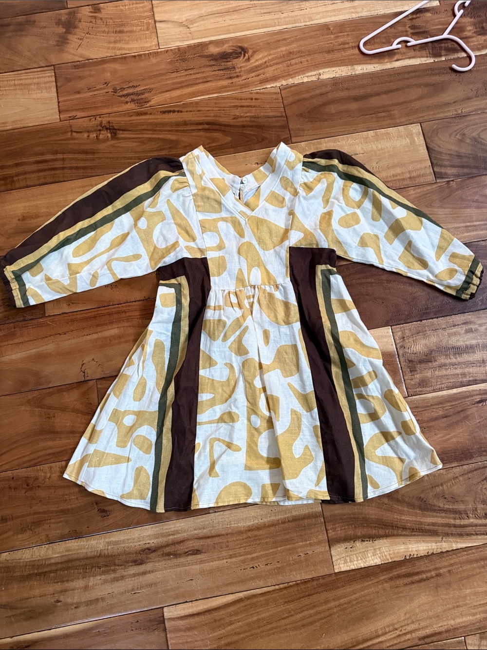 Zara Cream and Mustard Patterned Long Sleeve Dress with Brown Accents